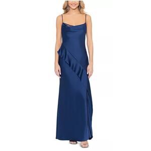 AQUA WOMENS SIZE 2 CHARM DRAPED RUFFLE MAXI FORMAL DRESS BLUE NEW